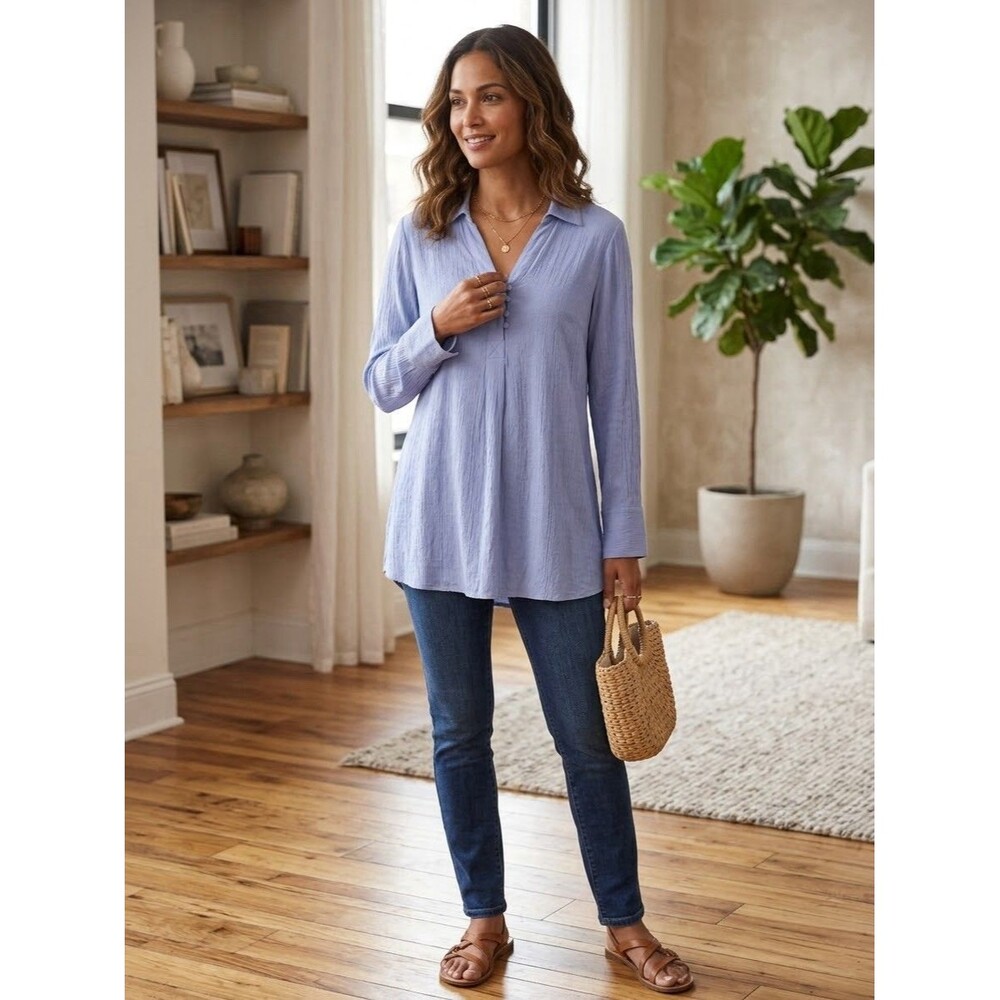 Soft Surroundings  Blue Textured V-Neck Tunic Top L Coastal Grandma Fairycore